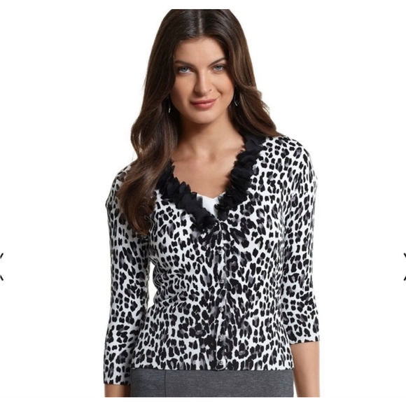 White House Black Market Sweaters - White House Black Market Leopard Print Ruffle Tippi Cardigan Size XL
